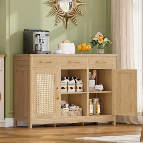 TEENFON Coffee Bar Cabinet with 3 Drawers, Farmhouse Buffet Cabinet