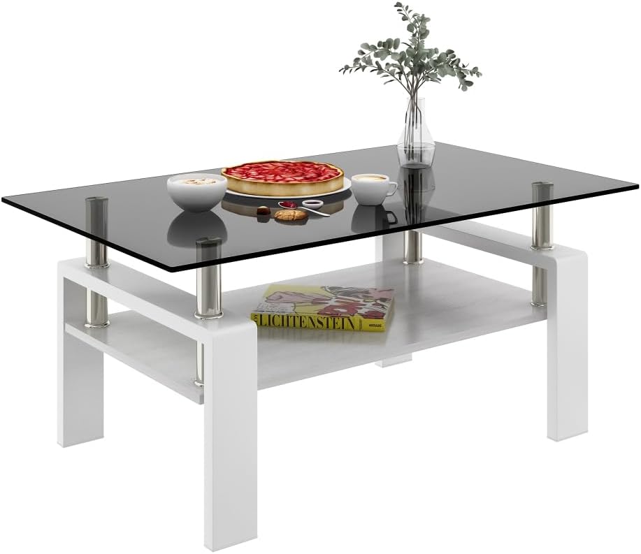 Rectangle Coffee Table, Tempered Glass Tabletop with MDF Layer, Modern Table ...