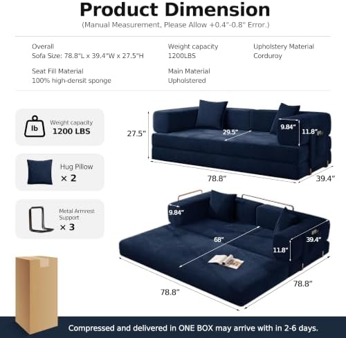79" Convertible Futon Sofa Bed, Floor Couch for Living Room | 5-in-1 Cor...