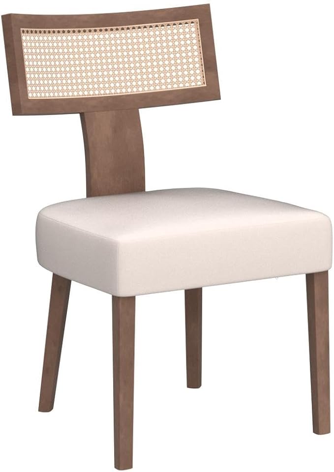 HNY Mid Century Modern Rattan Dining Chairs Set of 4, Farmhouse Linen Upholstered Accent Chair Curved Backrest Kitchen Chairs, with Hardwood Frame, Beige