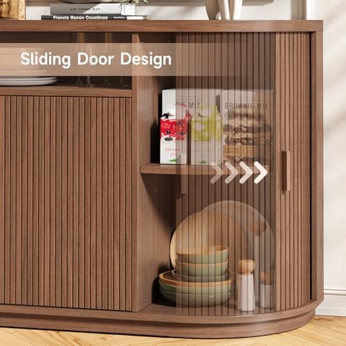 63" Sideboard Buffet Cabinet with Storage, Modern Fluted Credenza, Walnut