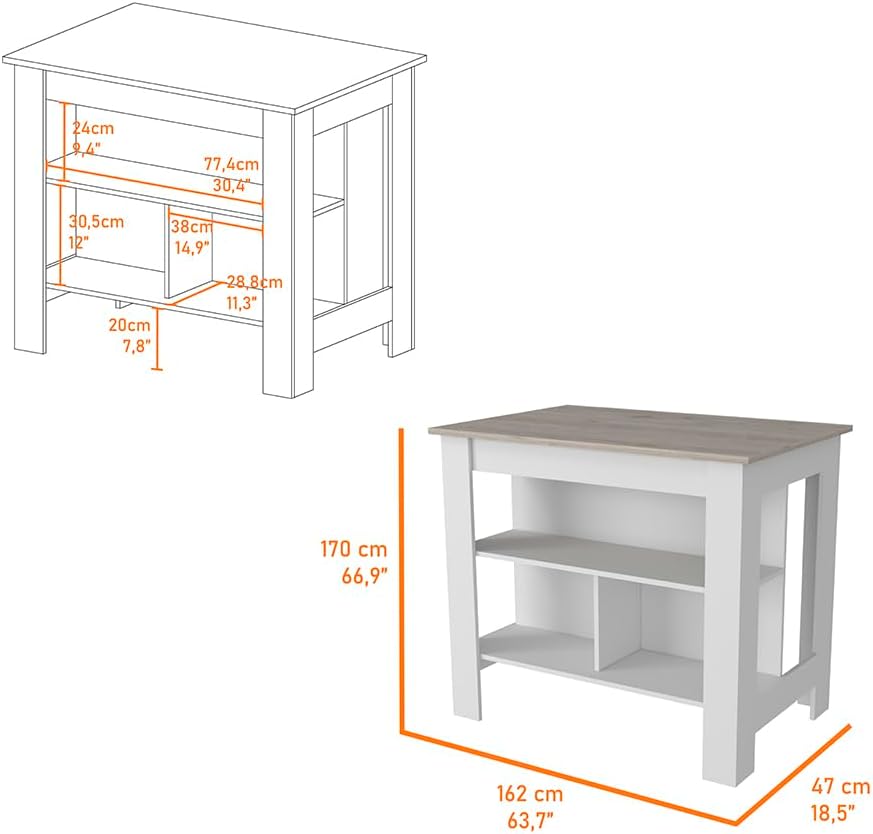 Kitchen Island with Three Shelves Light Gray/White Finish | Tabletop with sil...