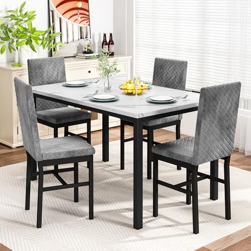 DKLGG Dining Table Set for 4, Faux Marble Kitchen Table with Velvet Upholster...
