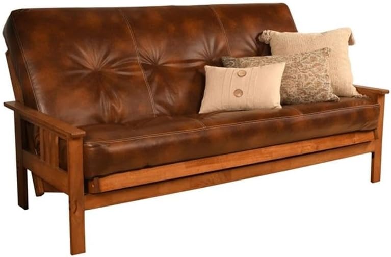 Pemberly Row 75" Traditional Full-Size Faux Leather Futon Mattress with Hinged Innerspring, Foam Construction, in Saddle Brown Finish, Frame Not Included