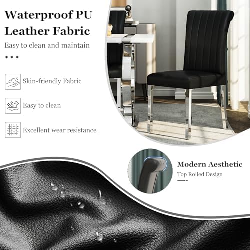 Asday Black and Silver Dining Chairs Set of 2, Modern Faux Leather Upholstere...