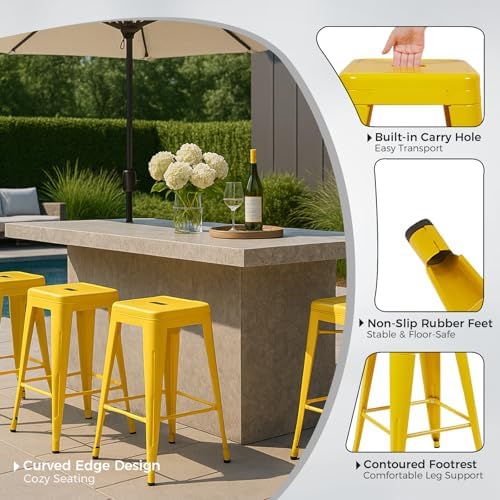 24 Inch Yellow Metal Counter Stools, Set of 6, Backless