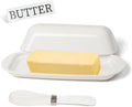 Butter Dish with Lid and Knife, Durable Countertop & Fridge Butter Keeper, BPA-Free Melamine Butter Container, Dishwasher Safe, Fits East/West Coast Butter Sticks (White)