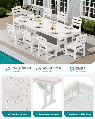 SERWALL 9Pcs 84" HDPE Outdoor Dining Set for 8 with Armless Chairs,White