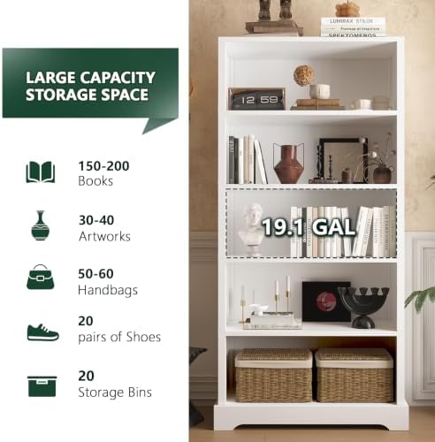 TVU 5 Tiers Wooden Bookshelf, 65.2" Tall Farmhouse Style Open Bookcase, ...