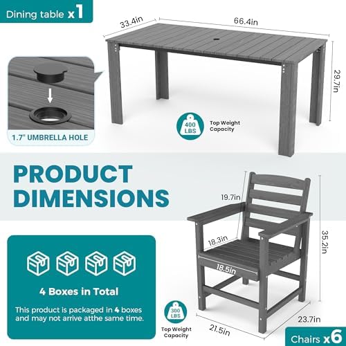 Dining Table Set, 7-Piece HDPE Outdoor Dining Set for 6, Gray