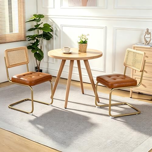 CangLong Natural Rattan Dining Chairs Set of 2, Upholstered Faux Leather Kitc...
