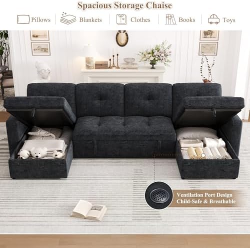 107'' LED U-Shaped Sectional Couch for Living Room, Sleeper Sofa Bed,...
