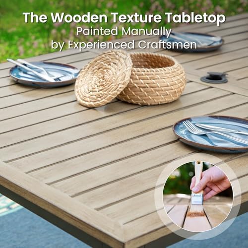 PHI VILLA 7 Piece Patio Dining Set, 64” Wood-Like Table, Rattan Chairs