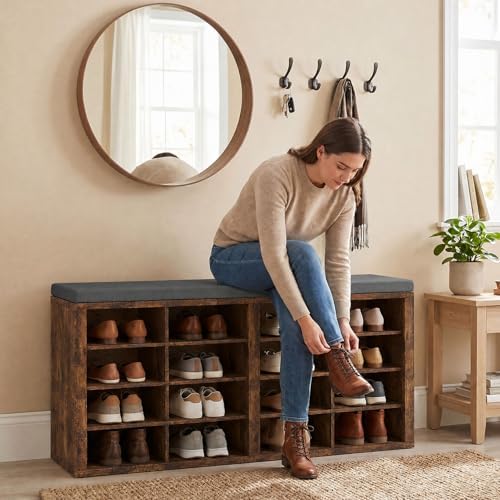 Shoe Rack Bench, Shoe Storage Bench with Cushion, Shoe Organizer 16 Cubbies f...