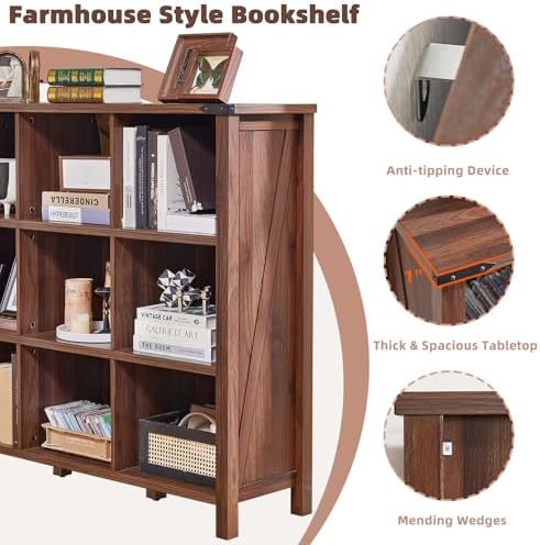Joaxswe 9 Cube Bookcase, Farmhouse 47 Inch Wide Brown Walnut Bookshelf, Woode...