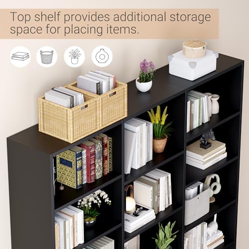 ELYKEN Triple Wide Bookshelf, Large 6 Tier Bookcase with 17 Shelves, Black