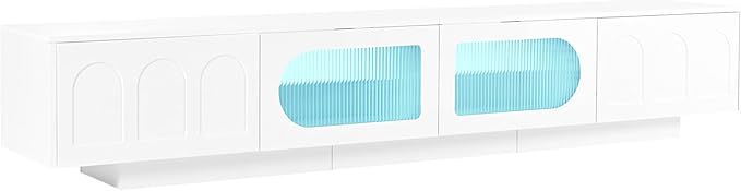 Ball & Cast Modern TV Stand with Fluted Tempered Glass Doors for TVs up to 95'', Entertainment Center w/Led Lights, Cabinets & 2 Drawers,Arched Door Design,Media Console for Living Room,White