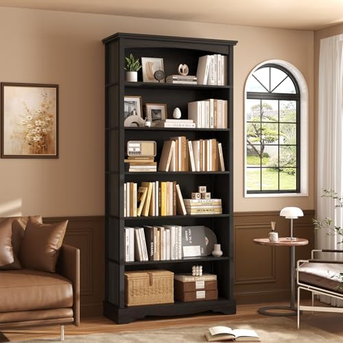 TVU 6-Tier Wooden Bookshelf, 76 Inch Tall Bookshelf with Storage, Floor Stand...