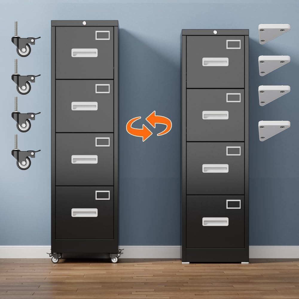 METAN 4 Drawer Metal File Cabinet with Lock, Mobile Heavy Duty Steel Filing C...