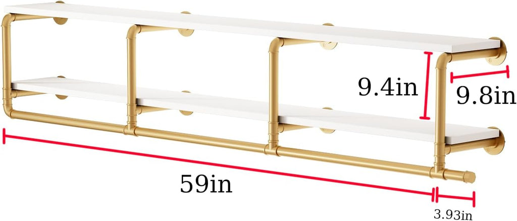 ORSENIGO Industrial Pipe Clothing Rack with Shelves, Gold Wall Mounted Clothes Rack for Home Retail