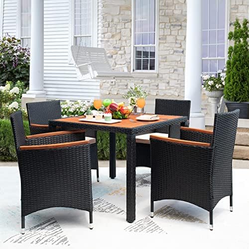 Devoko 5 PCS Acacia Wood Patio Dining Set, Black Rattan