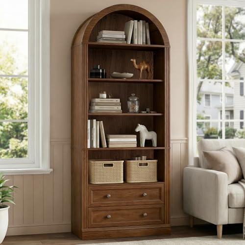 RALGEND Farmhouse Arched Bookshelf, 7 Tiers Arch Bookcase with 2 Spacious Dra...