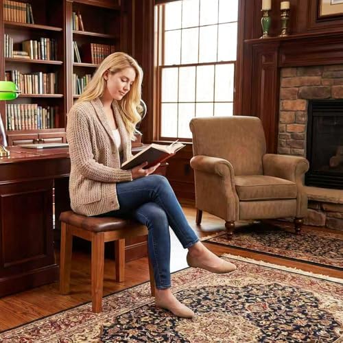 Ottoman Vanity Wooden Stool with Padded Seat, Faux Leather Brown | Square Woo...