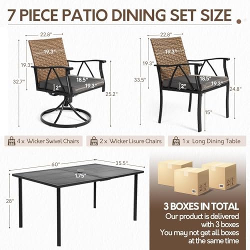 7-Piece Patio Dining Set for 6, Outdoor Dining Set with Wicker Swivel Patio D...