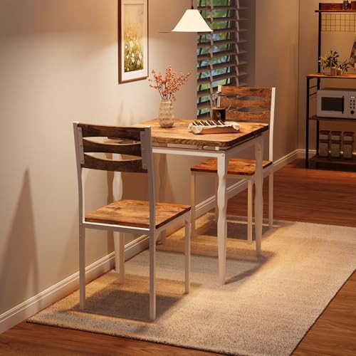 GarveeHome 3 Piece Dining Table Set, Kitchen Table Set for 2, White Brown | D...
