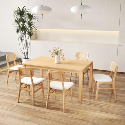 ROCITY Rattan Dining Chairs Set of 4 Beige Linen Fabric Dining Room Chairs Na...