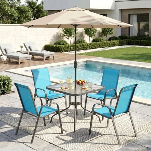 Arlopu 5 Pieces Outdoor Patio Dining Set, Glass Table and Textilene Chair