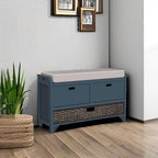 Merax Classic Wood Shoe Storage Bench with 2 Drawers, Large Rattan Basket and Seat Cushion for Entryway Hallway Front Door Navy