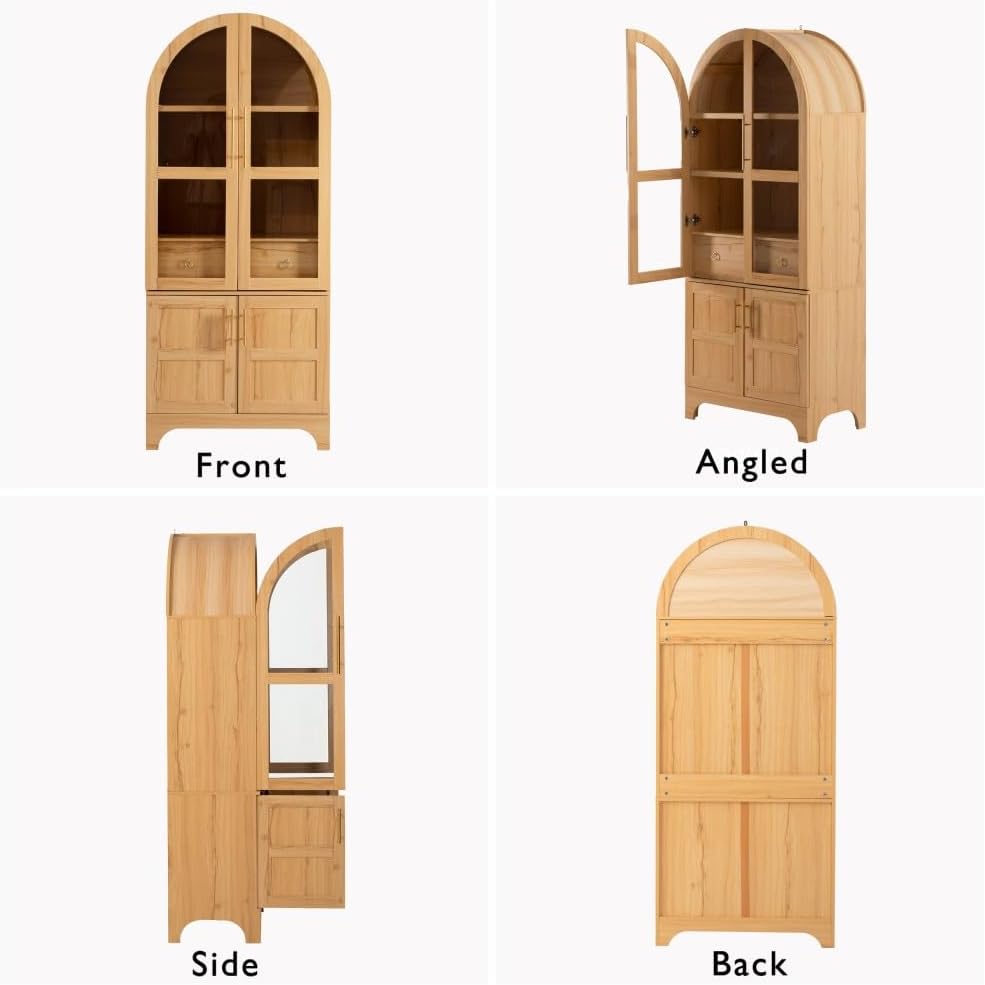 71 Inch Arched Kitchen Pantry Cabinet with Glass Doors and Hidden Drawer, Far...