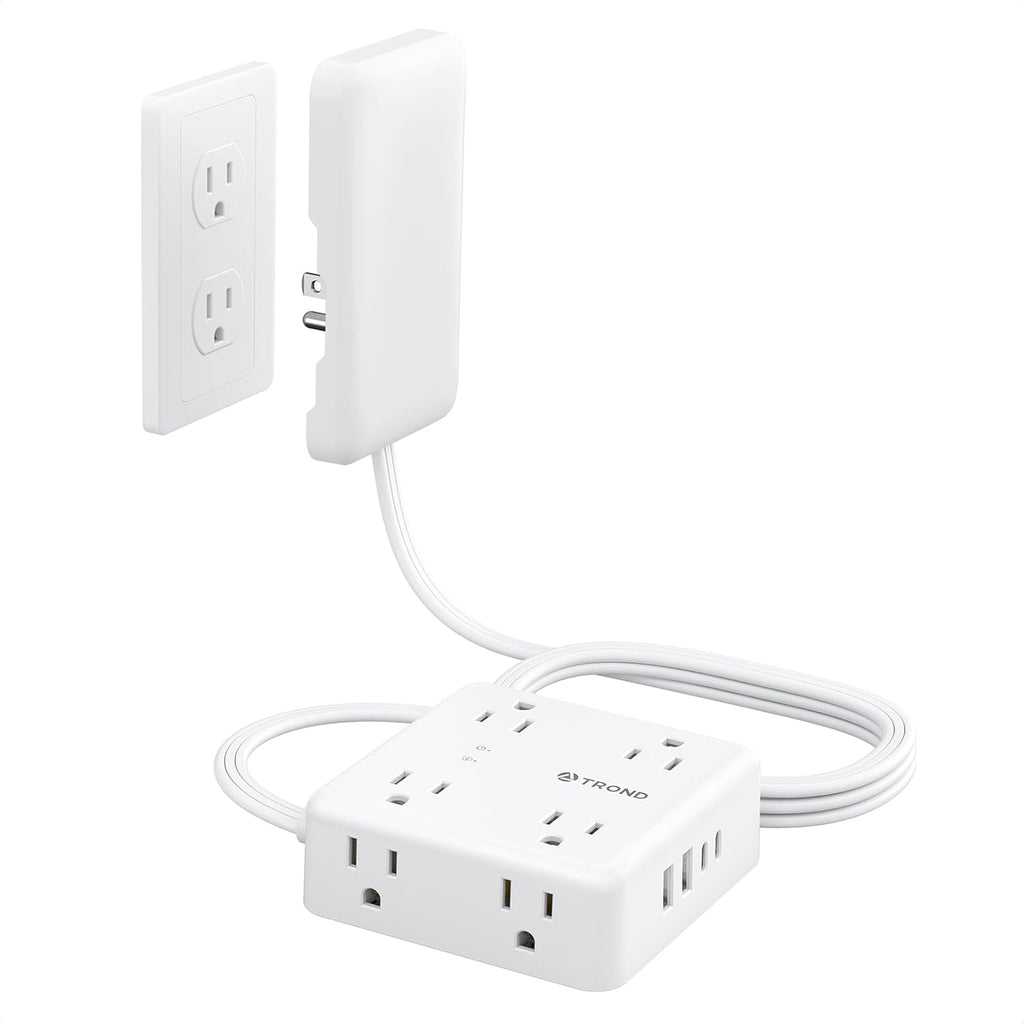 TROND Flat Outlet Cover Extender - 6FT Flat Extension Cord with 8 Outlet and 4 USB, Ultra-Thin Power Strip Cord Concealer with 1700 Surge Protector, Idea for Home Improvement to Hide TV Messy Cord