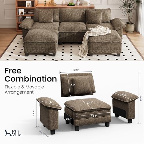 PHI VILLA Modular Sofa 5-Seat U Shaped Cloud Couch Sectional with Ottoman