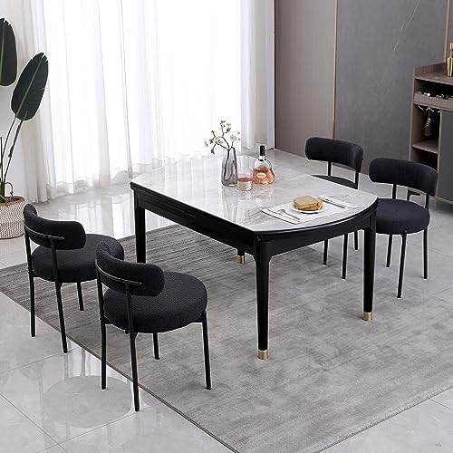 Black Dining Chairs Set of 4 Round Upholstered Boucle Dining Room Chairs Mid-...