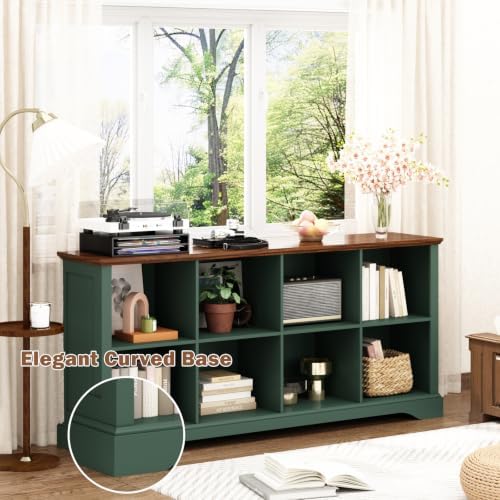 8 Cube Storage Organizer, 62" Long Low Horizontal Bookshelf, Green