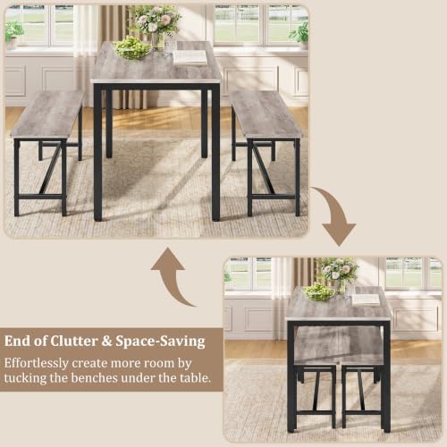 Dining Table Set for 4, 3-Piece Kitchen Table with 2 Benches, Grey