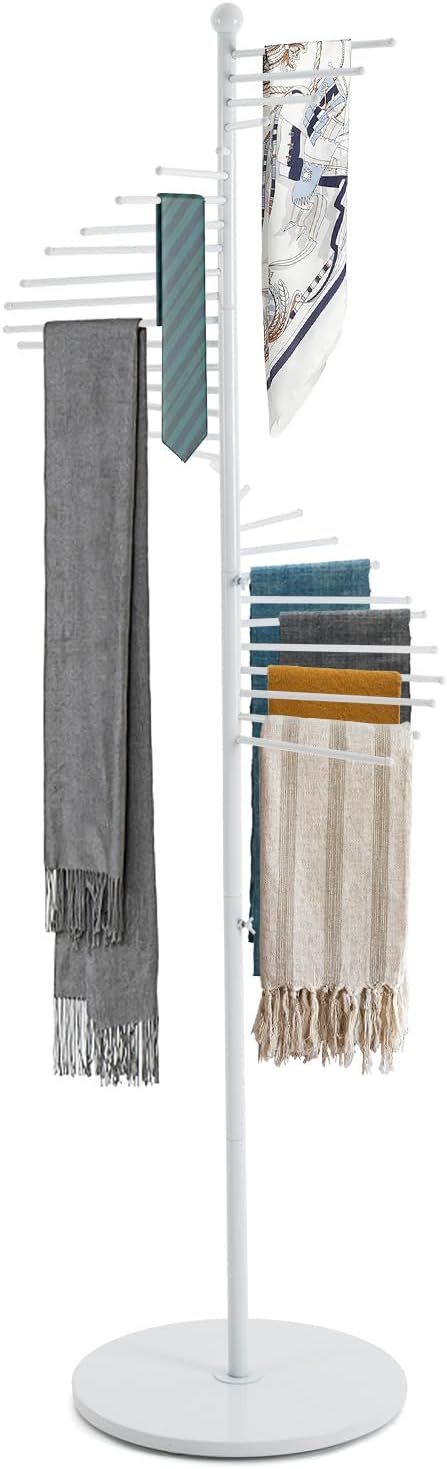 Scarf Organizer, Hijab Organizer, 30 Tiers Metal Scarf Hanger for Multiple Scarves, 67" Height Floor-standing Hijab Stand Belt Pants Hanger for Home, Commercial, Clothing Store (White)