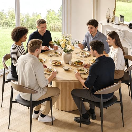 LITTLE TREE 47 Inches Round Dining Table for 4, Farmhouse Natural Wooden Dini...
