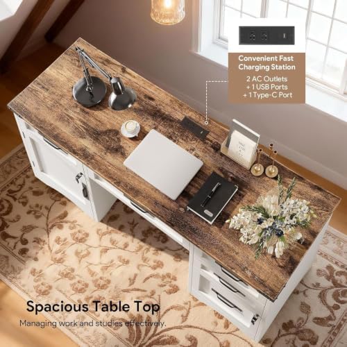 Decofy Farmhouse Executive Desk with Drawers, 55" Home Office Desks with...
