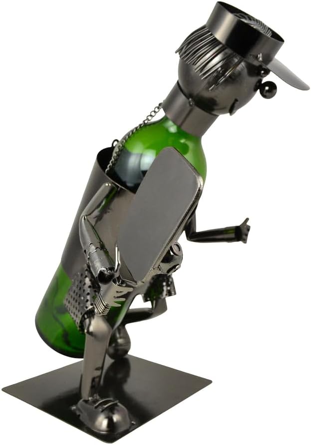 Metal Wine Bottle Holder Pickleball Player for Tabletop in Silver