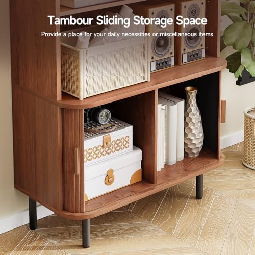 ONBRILL 71" Bookshelf with Sliding Door, Bookcase Storage Cabinet, Walnut