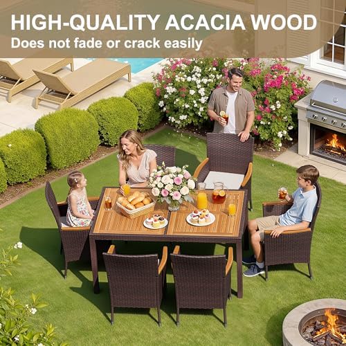 Devoko 7 PCS Acacia Wood Patio Dining Set, Brown Rattan