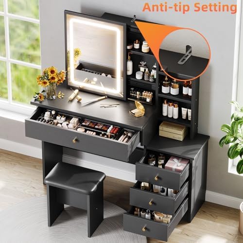 Black Vanity Desk with Sliding Mirror and Lights, Makeup Desk with Chair