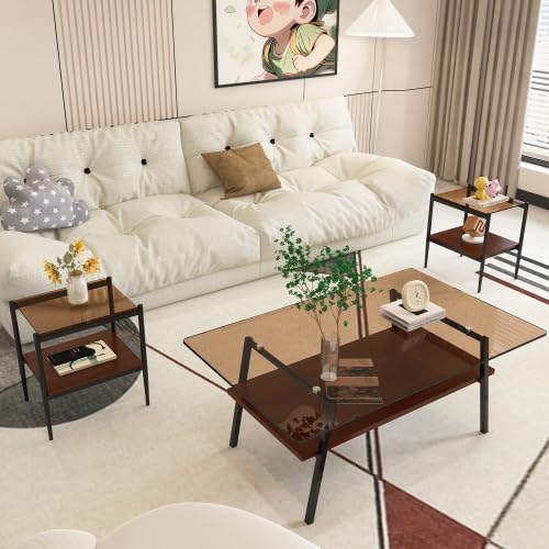 KUIKUI Coffee Table Glass Set of 3, Modern Coffee Table and End Tables Sets, ...