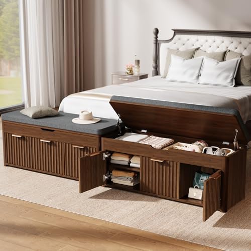 37.4" W Shoe Bench with Storage, Lift Top Entryway Bench, Walnut | 2-Tie...