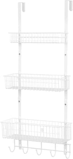 YBING Over The Door Organizer with Hooks Door Hanger Towel Rack with 3 Mesh Baskets Back of Door Hanging Shelf Organizer Behind Door Pantry Organizer for Bathroom Bedroom White