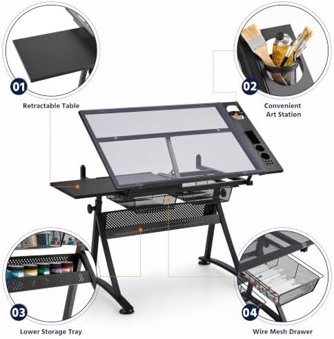 Yaheetech Glass Drafting Table & Stool, Drawing Table for Artists, Black