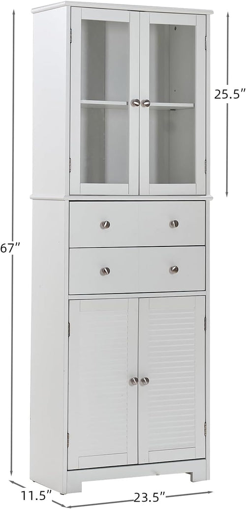 23.6" D*11.8" W*66.9" H Freestanding Kitchen Pantry with 4 Dawers, 2 Shelves, Top French Door & Lower Double Door, Rectangular Storage Cabinet, for Living Room, Dining Room, White